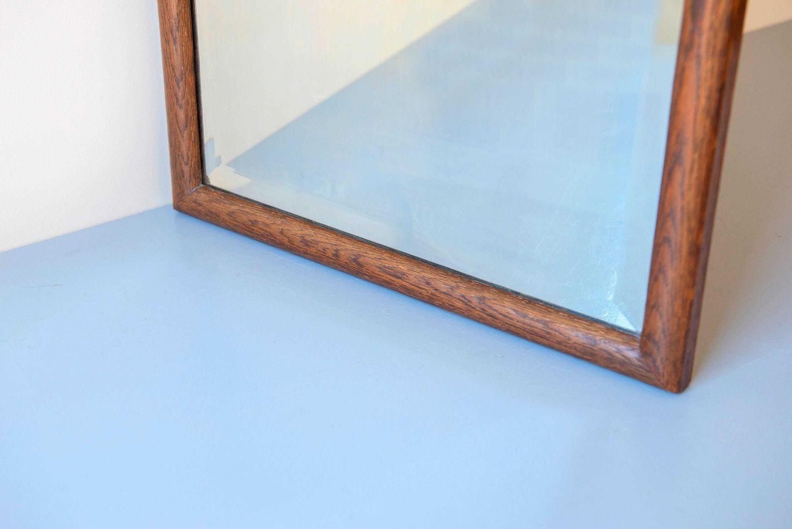 photo for sale Antique Oak Mirror With Beveled Glass   Scalloped Frame   Large Curved Wooden Wall Mirror