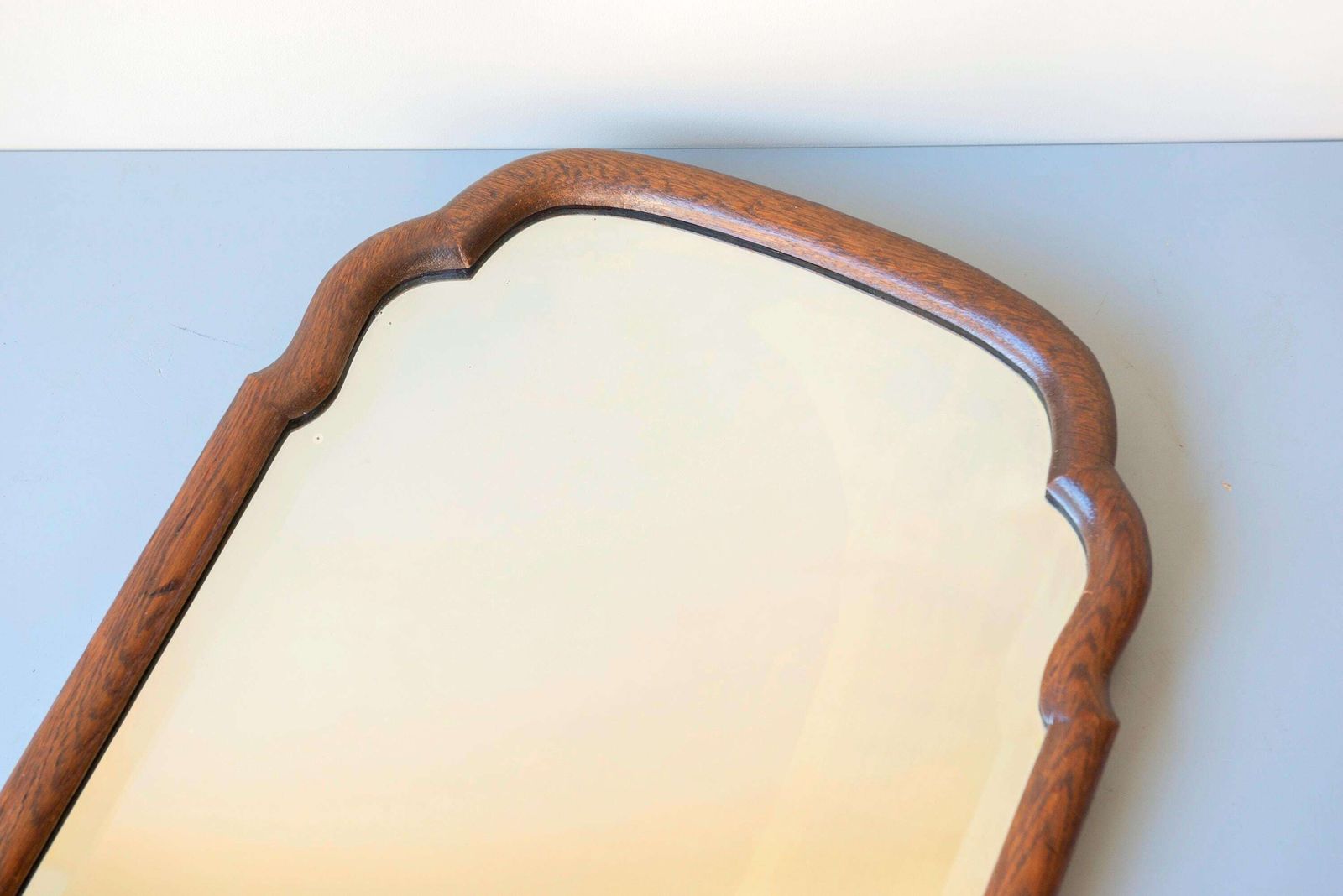 photo buy Antique Oak Mirror With Beveled Glass   Scalloped Frame   Large Curved Wooden Wall Mirror