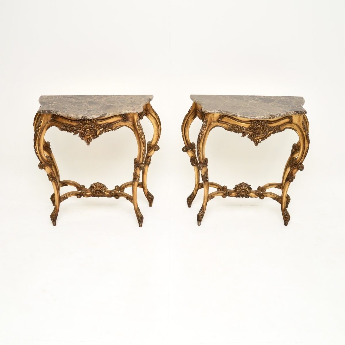 Pair Of Antique French Gilt Wood Marble Top Console Tables photo furniture