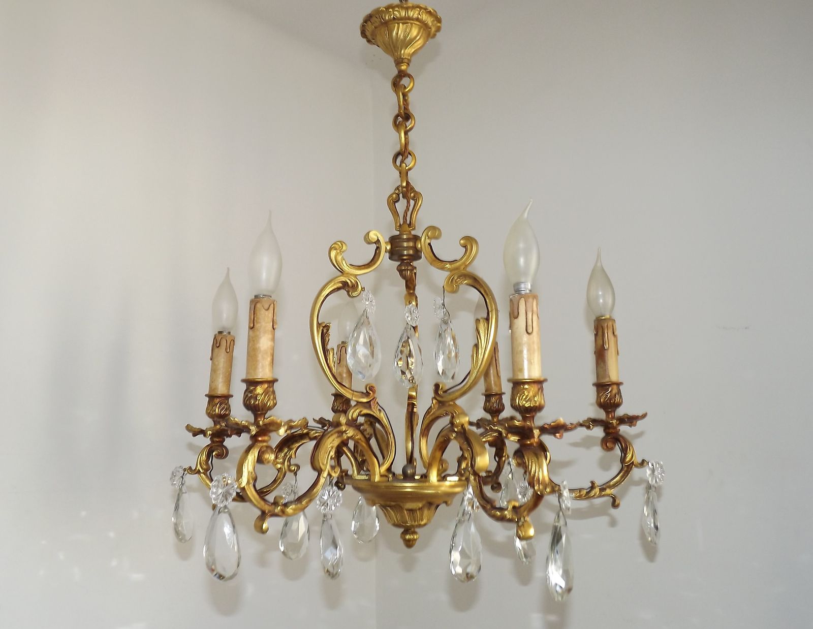 Large Heavy French Art Nouveau 6 Light Brass & Crystal Cage Chandelier