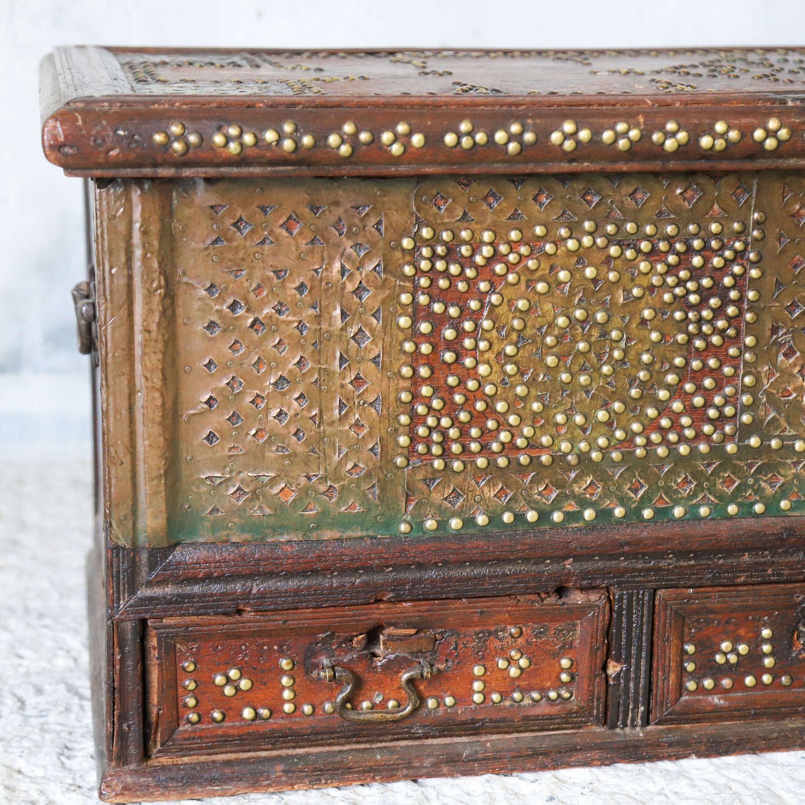 Antique Zanzibar Chest With Brass Studwork, Drawers & Candle Box – 19th Century Teak photo 1225.0