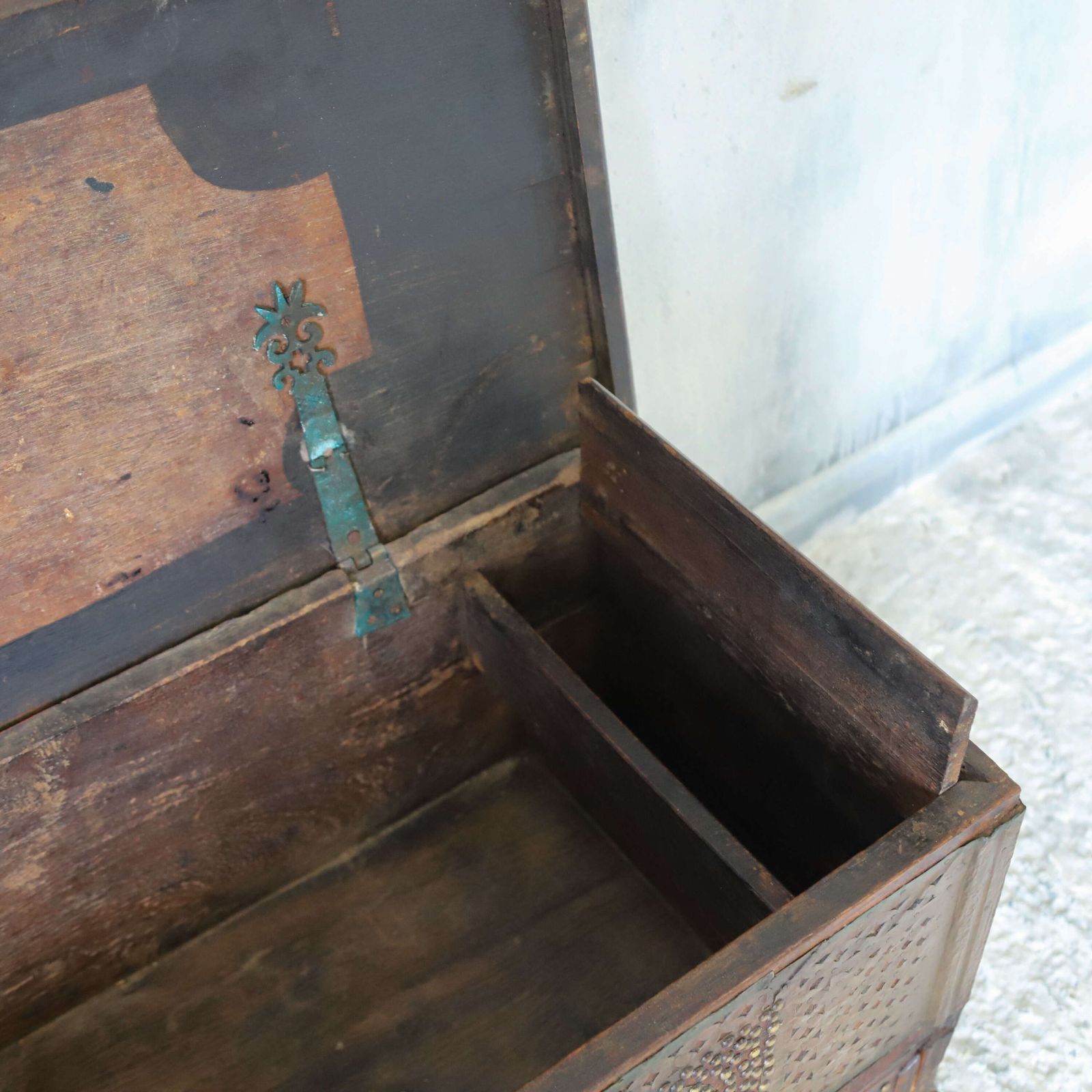 1225.0 Antique Zanzibar Chest With Brass Studwork, Drawers & Candle Box – 19th Century Teak photo