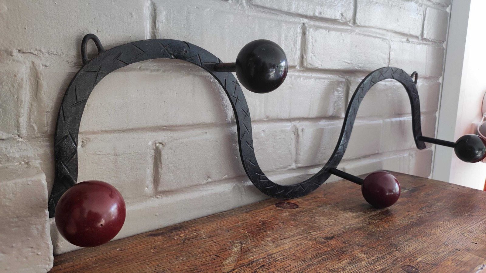 1960s French Iron Wall Coat Rack With Wood Ball Hooks photo for sale