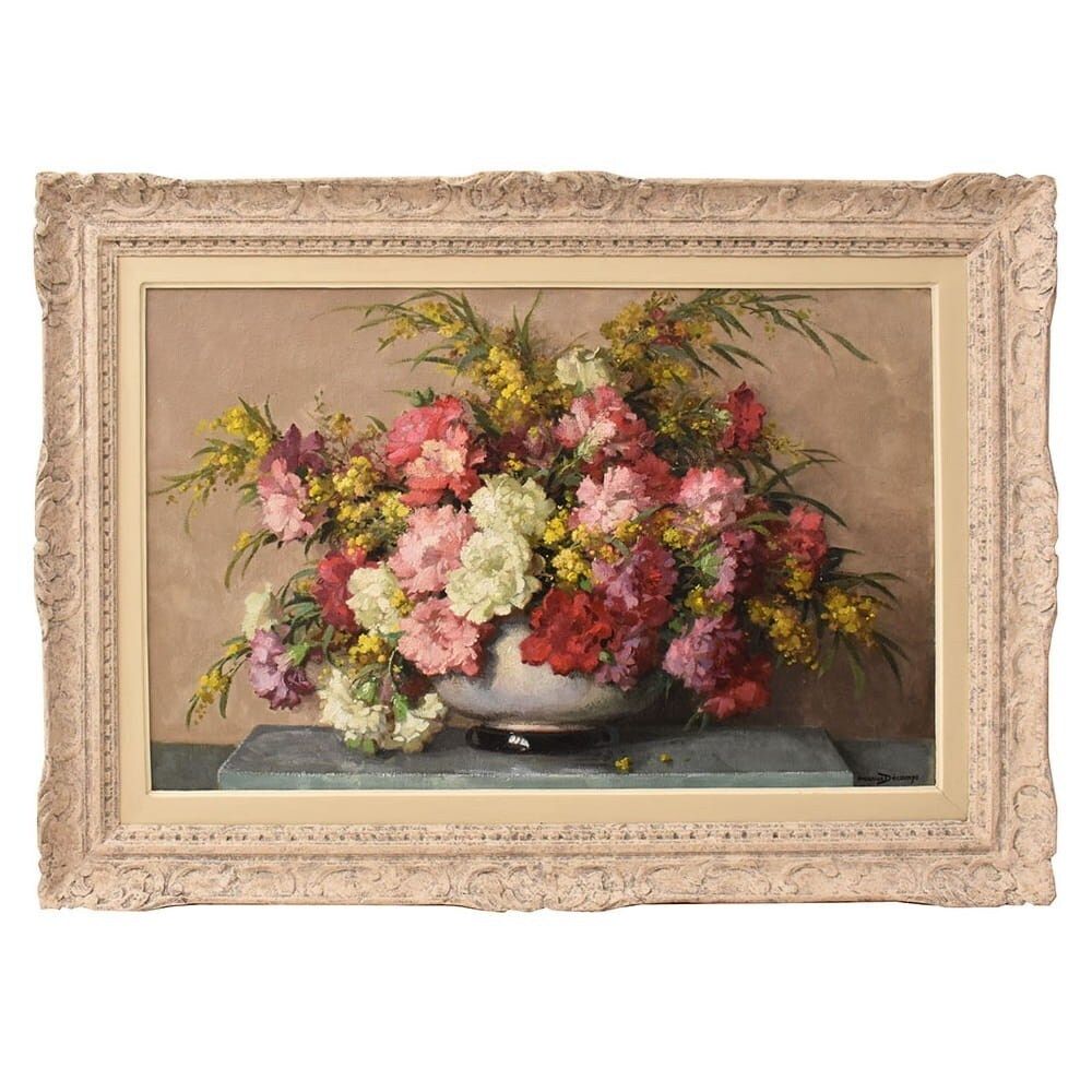 Art Deco Still Life Painting, Flowers, Carnations And Mimosas, Oil On Canvas, XX. (Qf735)