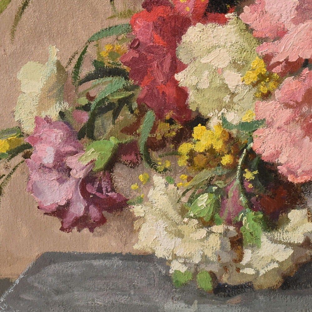 Art Deco Still Life Painting, Flowers, Carnations And Mimosas, Oil On Canvas, XX. (Qf735) photo vinterior