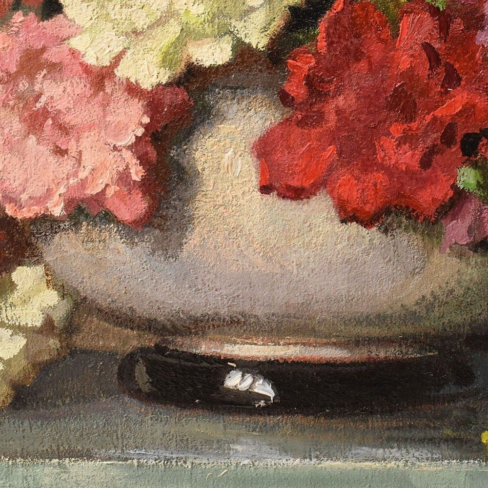 Art Deco Still Life Painting, Flowers, Carnations And Mimosas, Oil On Canvas, XX. (Qf735) photo vintage
