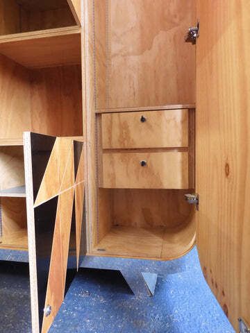 photo for sale Artisan Crafted Postmodern Geometric Wardrobe In Birch Plywood & Polished Metal – Designer Unknown, Early 2000s