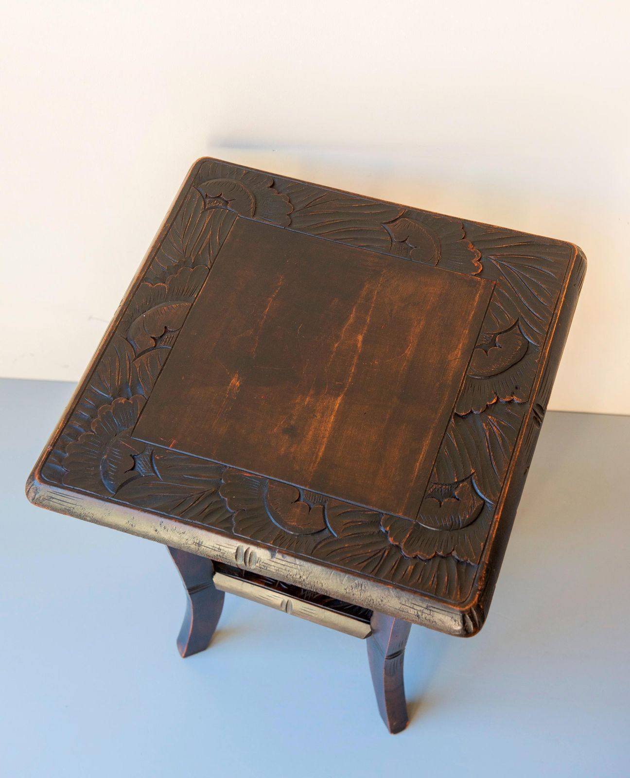 photo for sale Antique Liberty & Co Table   Hand Carved Wooden Plant Stand   Floral Motif   Curved Legs Etagere