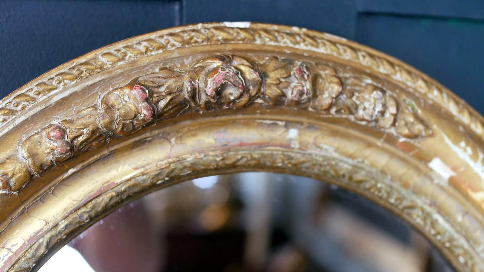 Antique Victorian Gesso Oval Mirror – Wonderful Distressed Patina photo vinterior