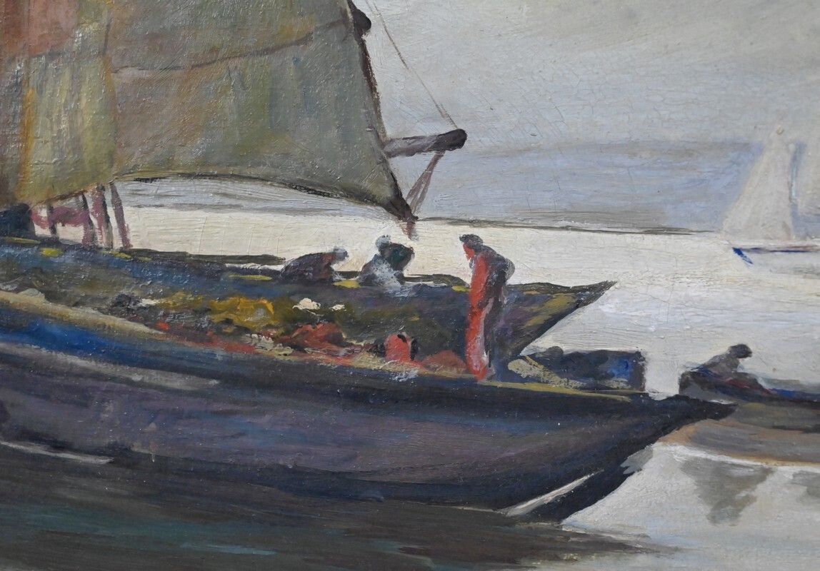 Painting “Sailboats On A Calm Sea”, Oil On Canvas, Signed C. Bustad – 1928 photo vintage