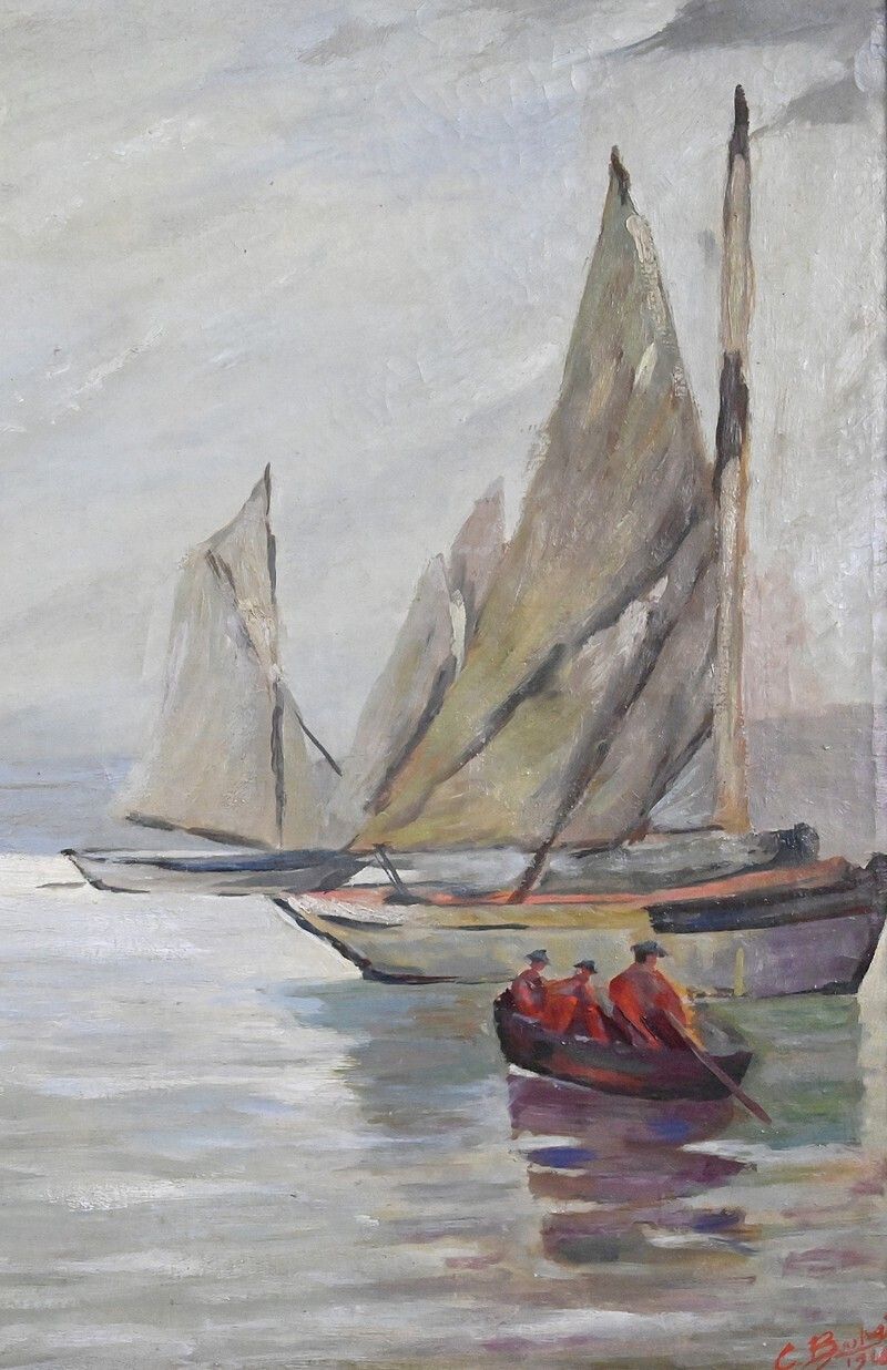 photo furniture Painting “Sailboats On A Calm Sea”, Oil On Canvas, Signed C. Bustad – 1928
