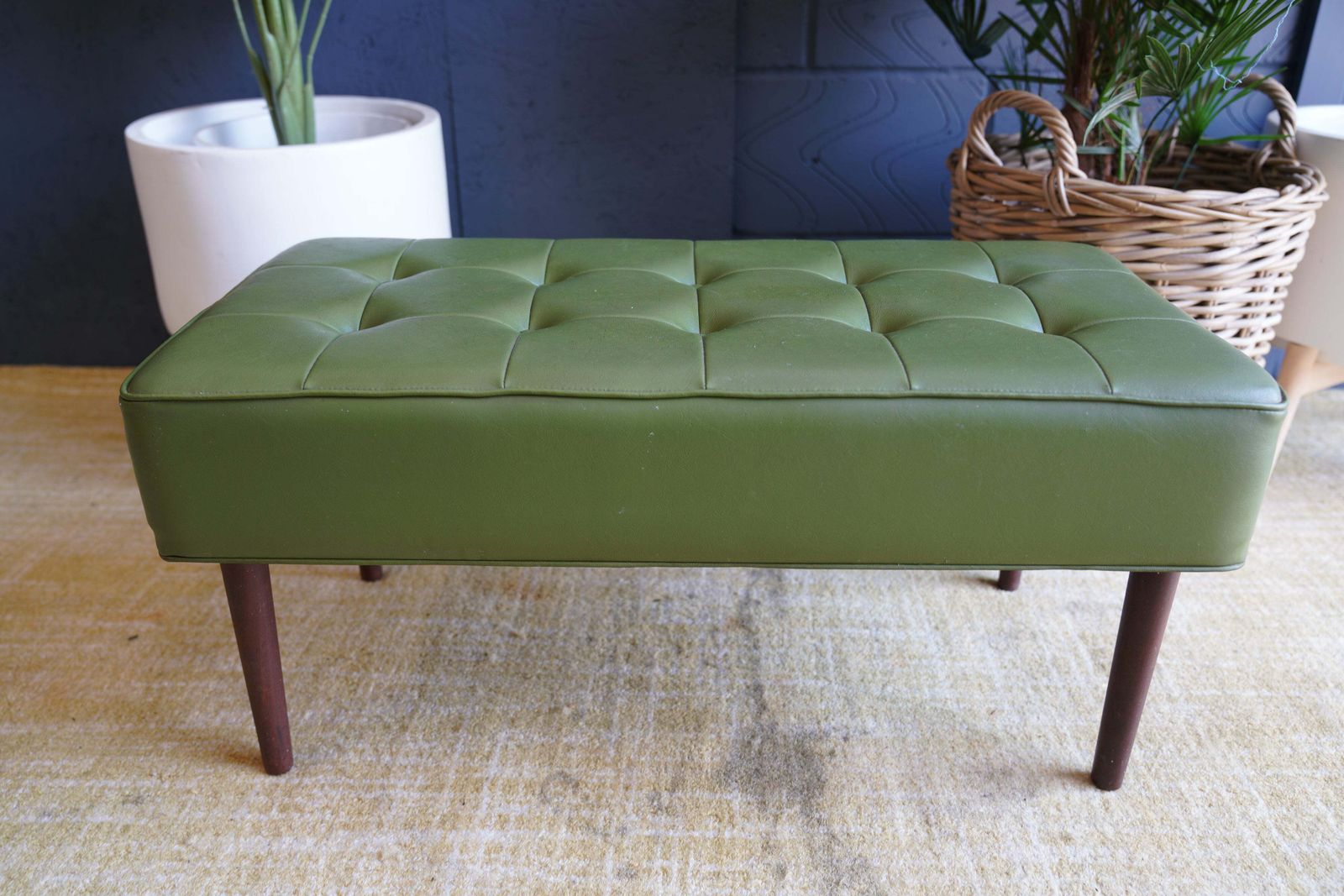 Mid Century Modern Olive Green Vinyl Bench Stool With Tapered Legs