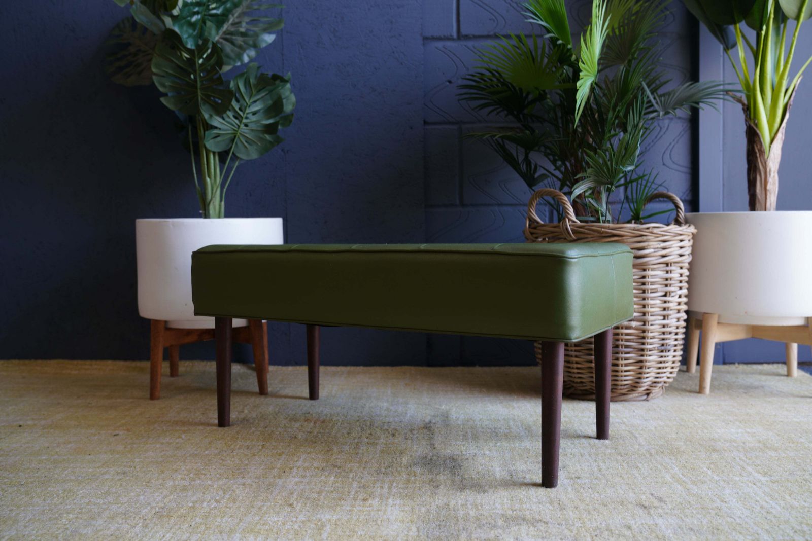 Mid Century Modern Olive Green Vinyl Bench Stool With Tapered Legs photo for sale
