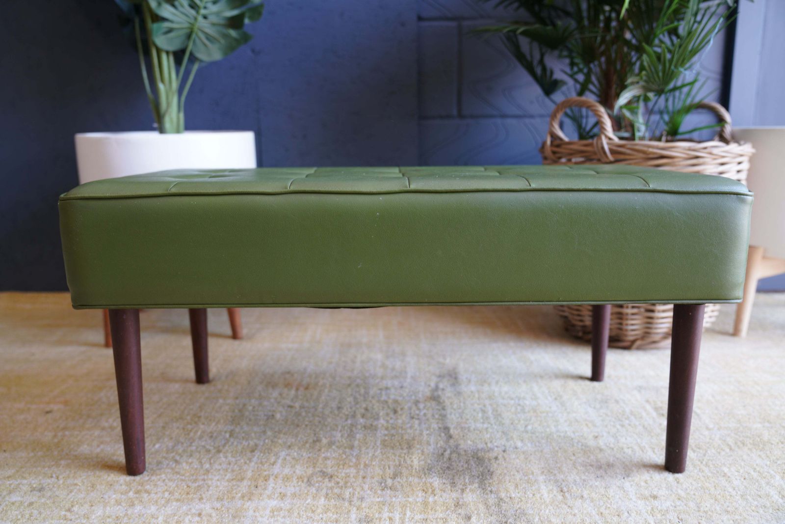 Mid Century Modern Olive Green Vinyl Bench Stool With Tapered Legs photo vinterior