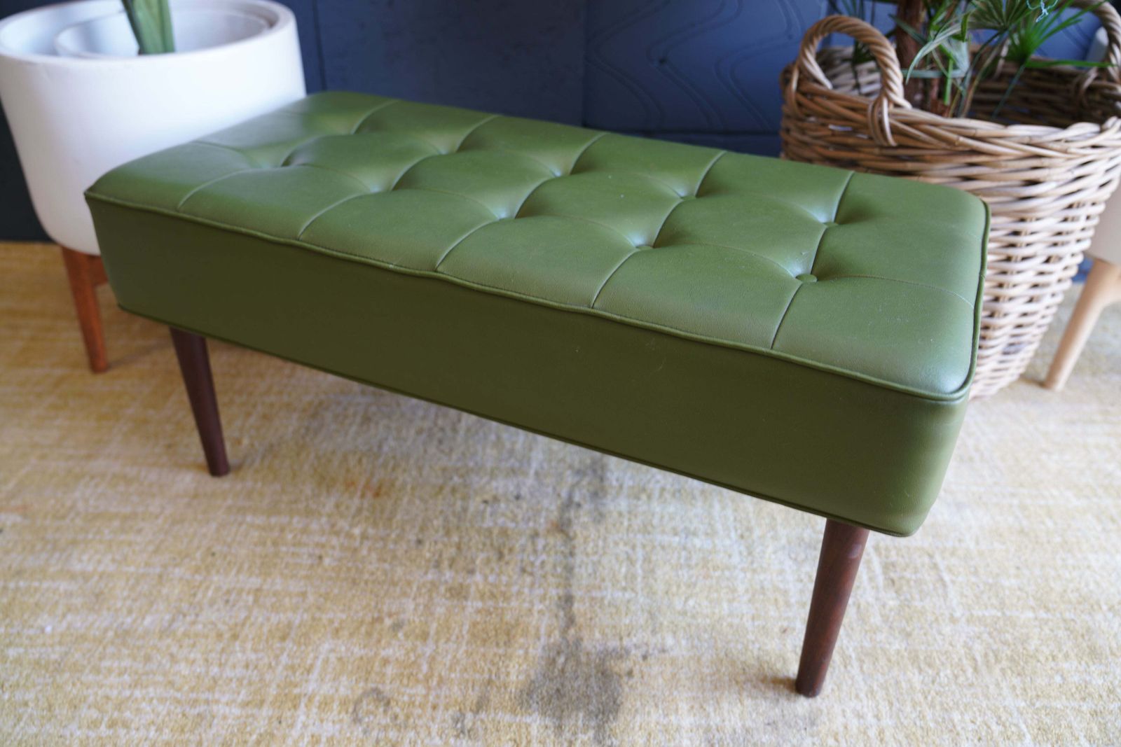 Furniture Mid Century Modern Olive Green Vinyl Bench Stool With Tapered Legs photo