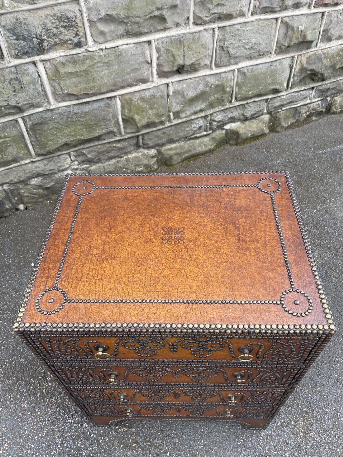 photo for sale Quality Leather & Brass Studded Chest Of Drawers