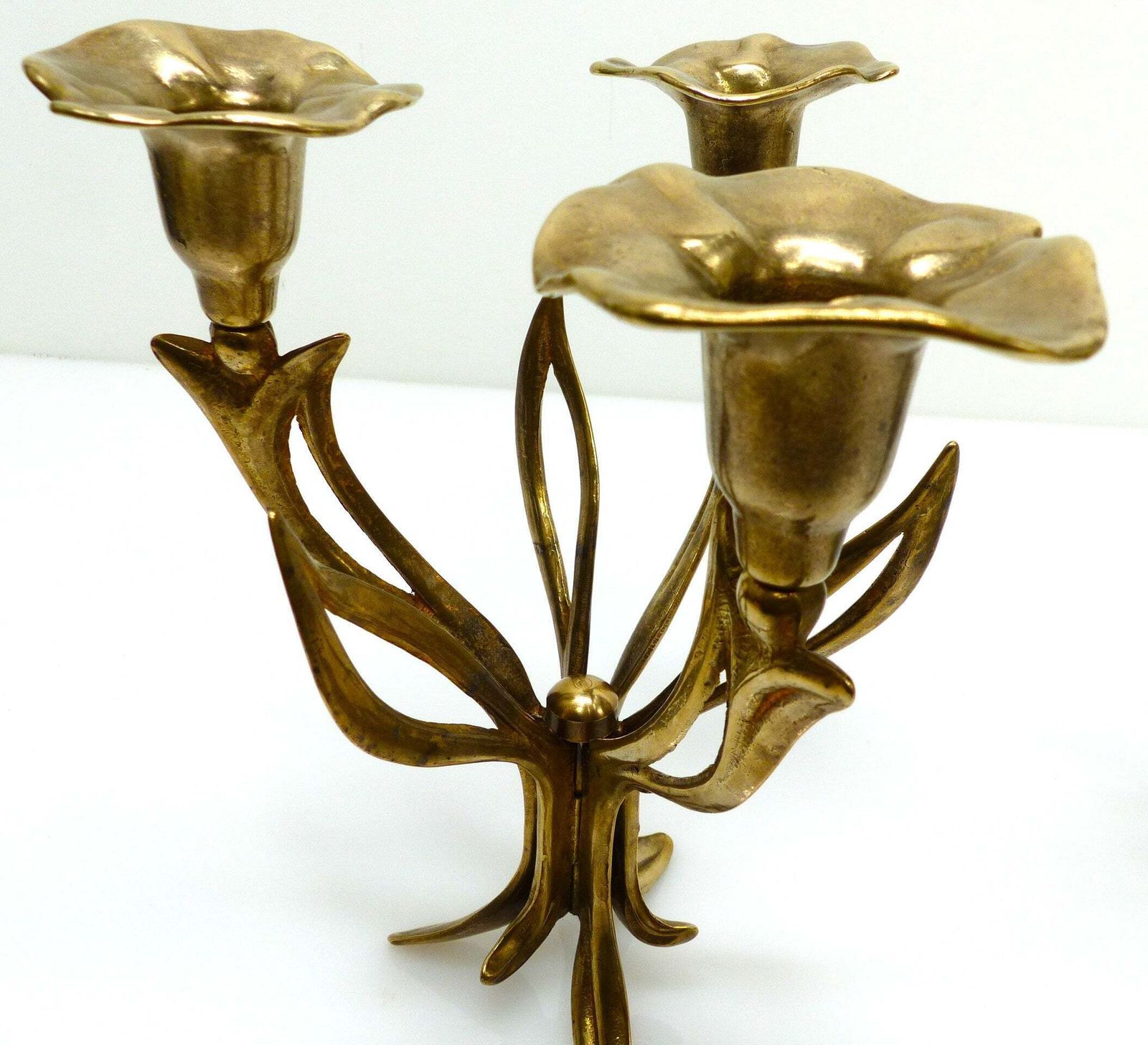 Pair Of Three Light Tripod Brass Candlesticks With Organic Floral Decoration, Circa 1960–1970 photo 300.0