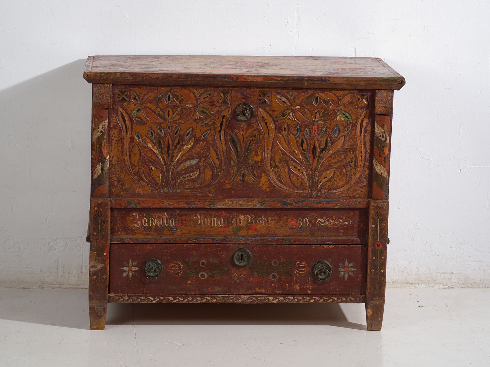 Central European Dowry Chest In Polychromed Pine – Central Europe, 1889 photo vintage