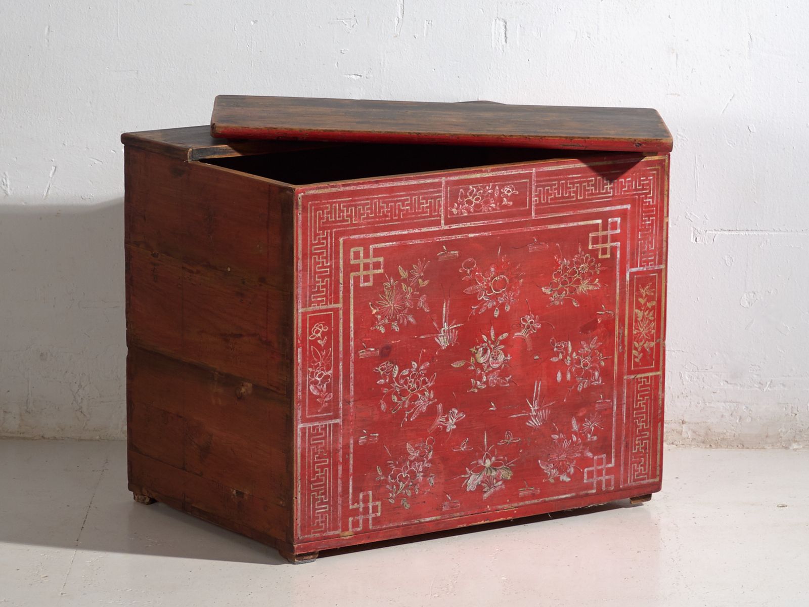 Antique Chinese Painted Trunk In Pine Wood – Dongbei, Circa 1930 photo for sale