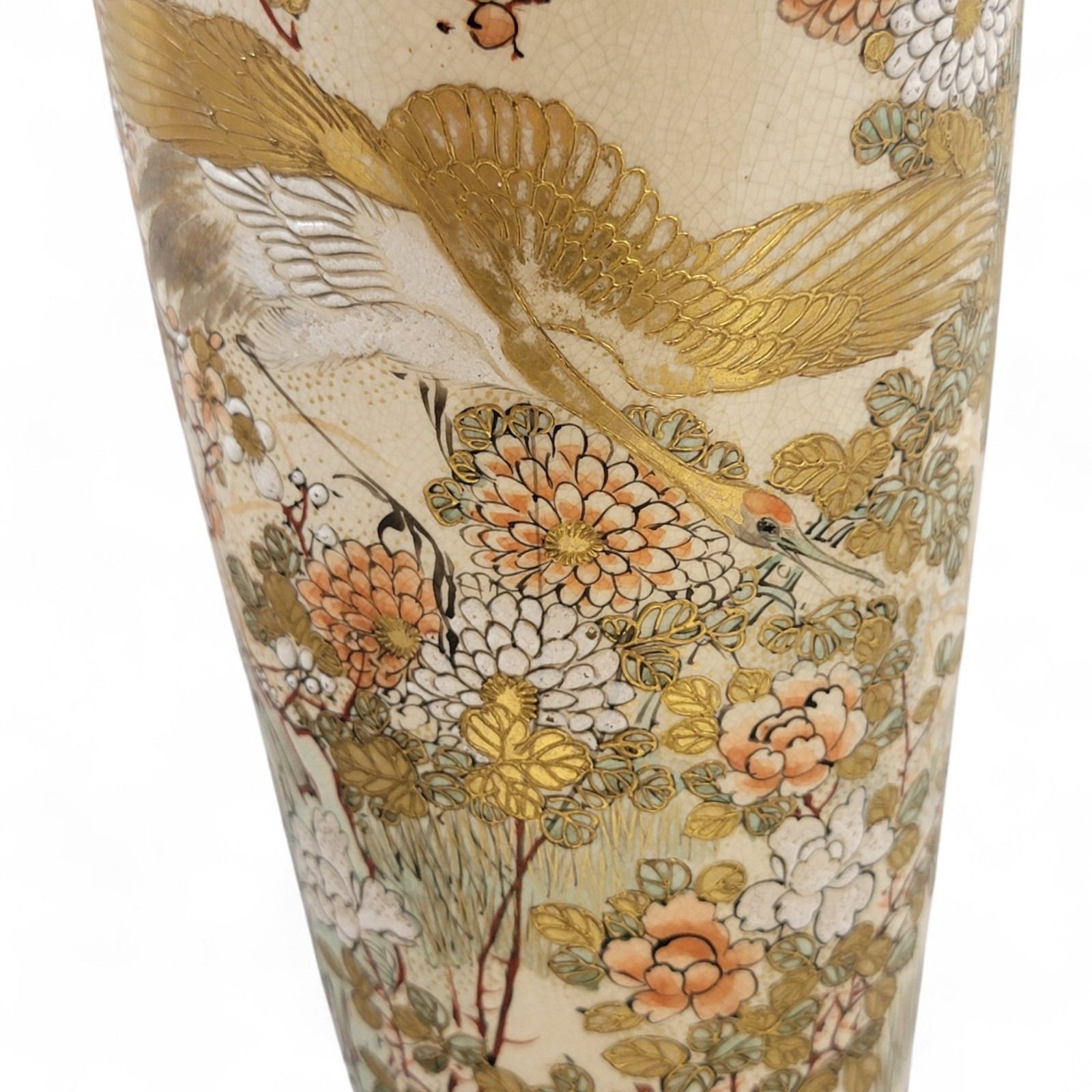 3250.0 Pair Kyoto Satsuma Vases, Cranes & Plum Blossom, Meiji C.1890–1905 photo