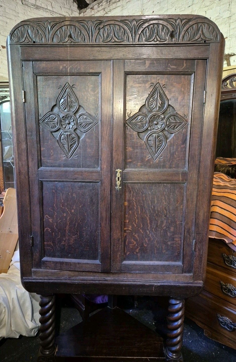 1920's Jacobean Style Large Carved Oak Corner Cabinet On Barley Twist Legs photo furniture