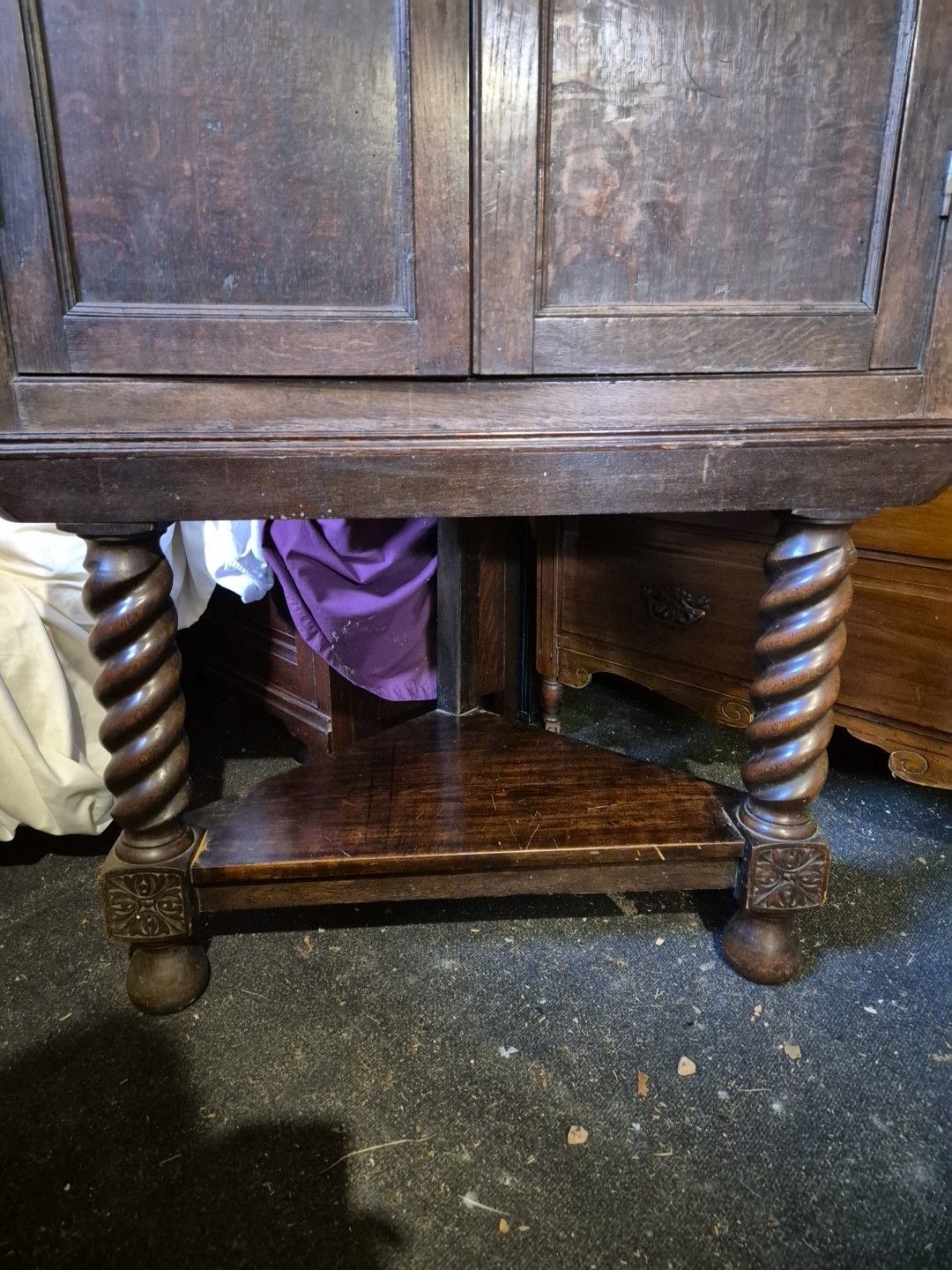 1920's Jacobean Style Large Carved Oak Corner Cabinet On Barley Twist Legs photo for sale