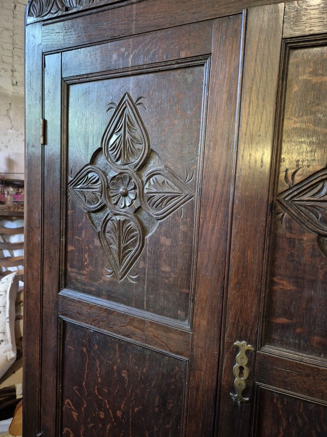 1920's Jacobean Style Large Carved Oak Corner Cabinet On Barley Twist Legs photo vintage