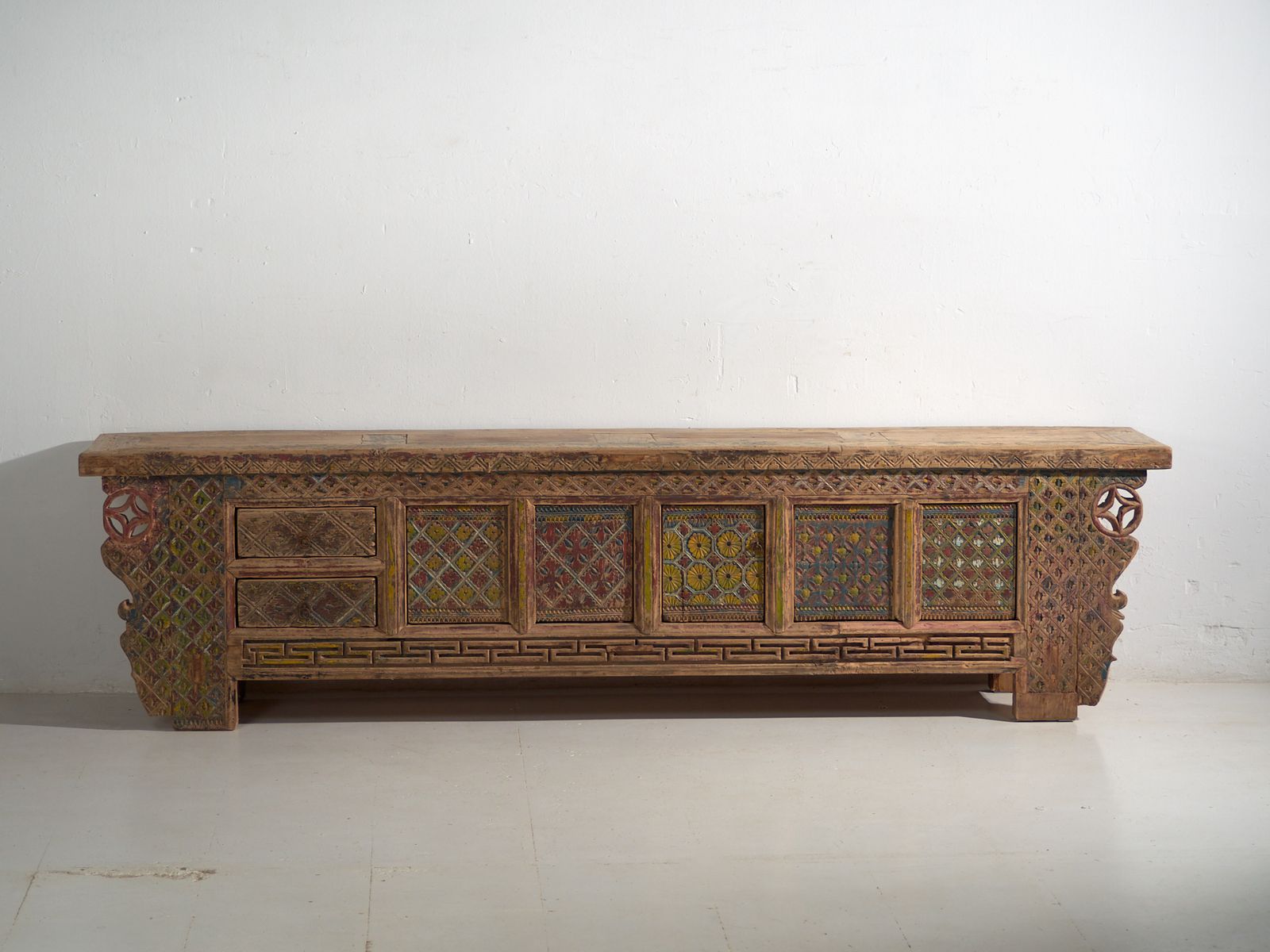 Antique Chinese Carved Fir Low Sideboard With Ornate Panels – Gansu, Circa 1930 photo vinterior