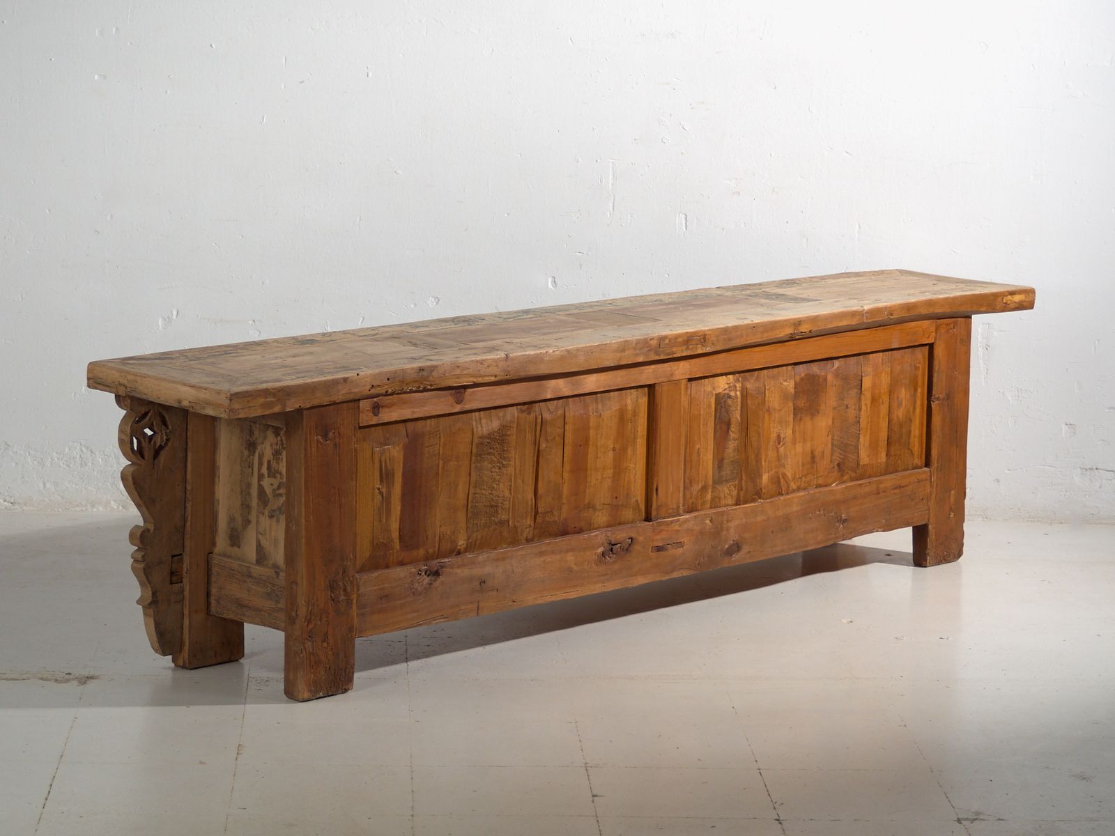 photo buy Antique Chinese Carved Fir Low Sideboard With Ornate Panels – Gansu, Circa 1930