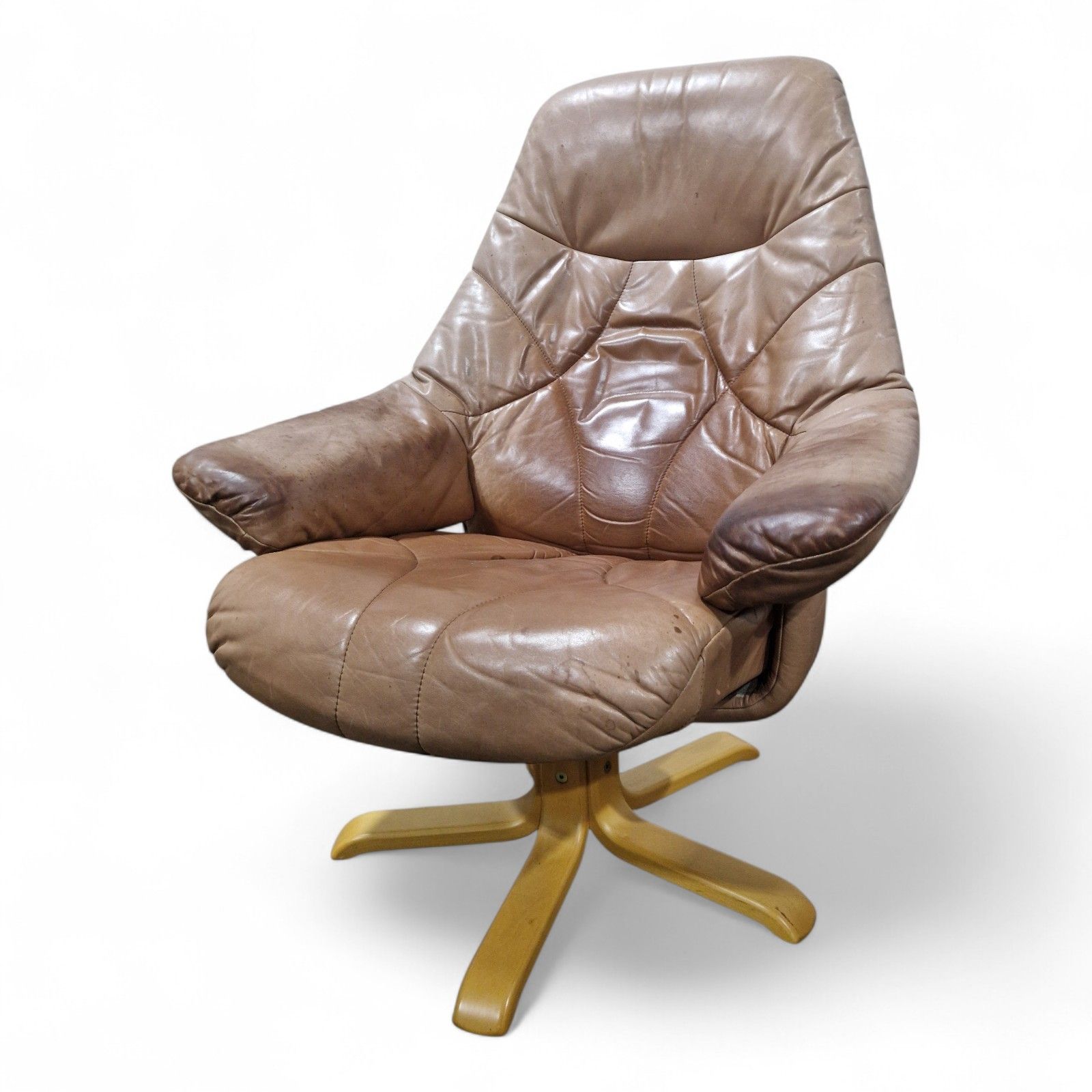 Vintage Leather Swivel Recliner Easy Chair Mid Century Style Armchair Tan Brown photo furniture