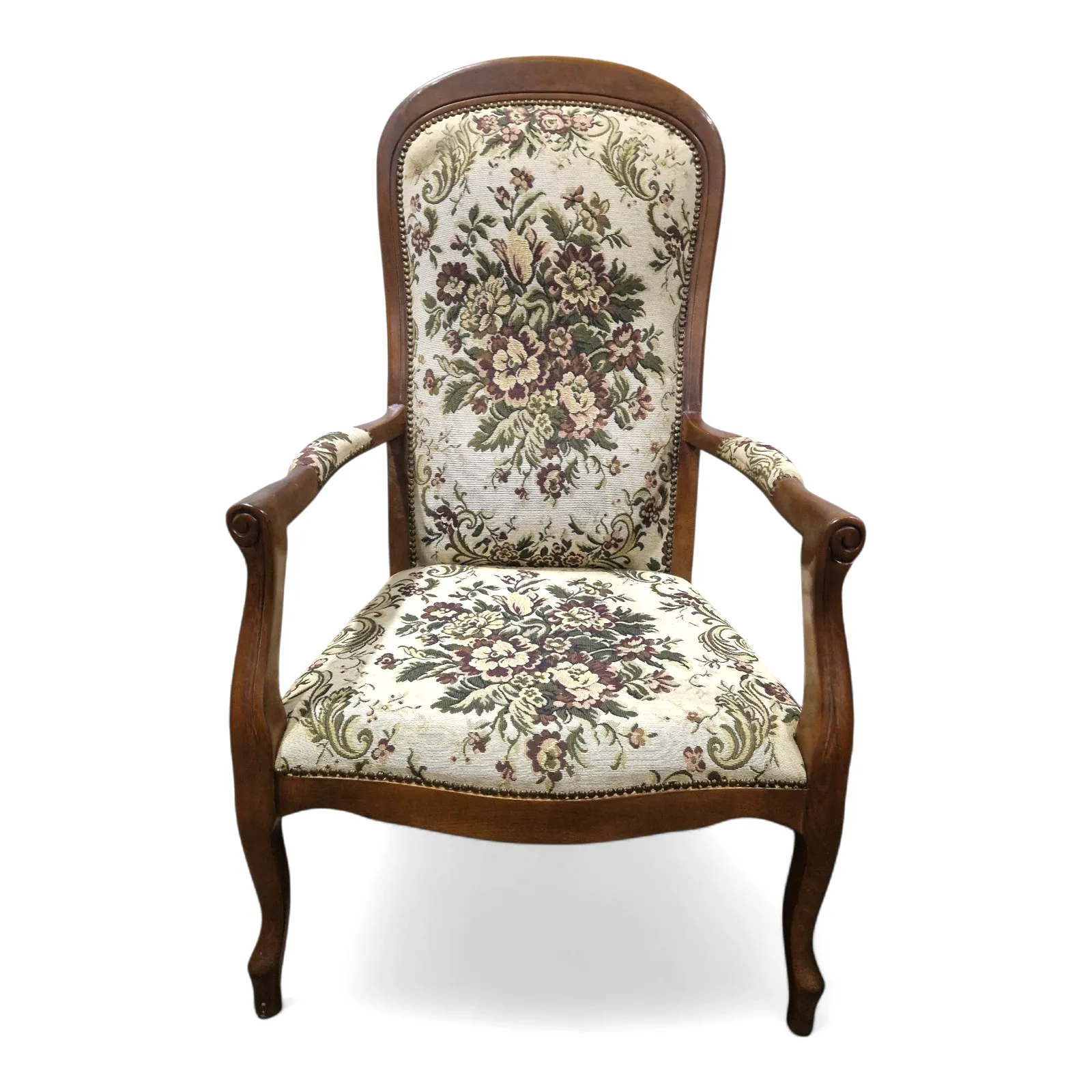 French Carved Armchair Antique Style Upholstered Floral Tapestry Accent Chair