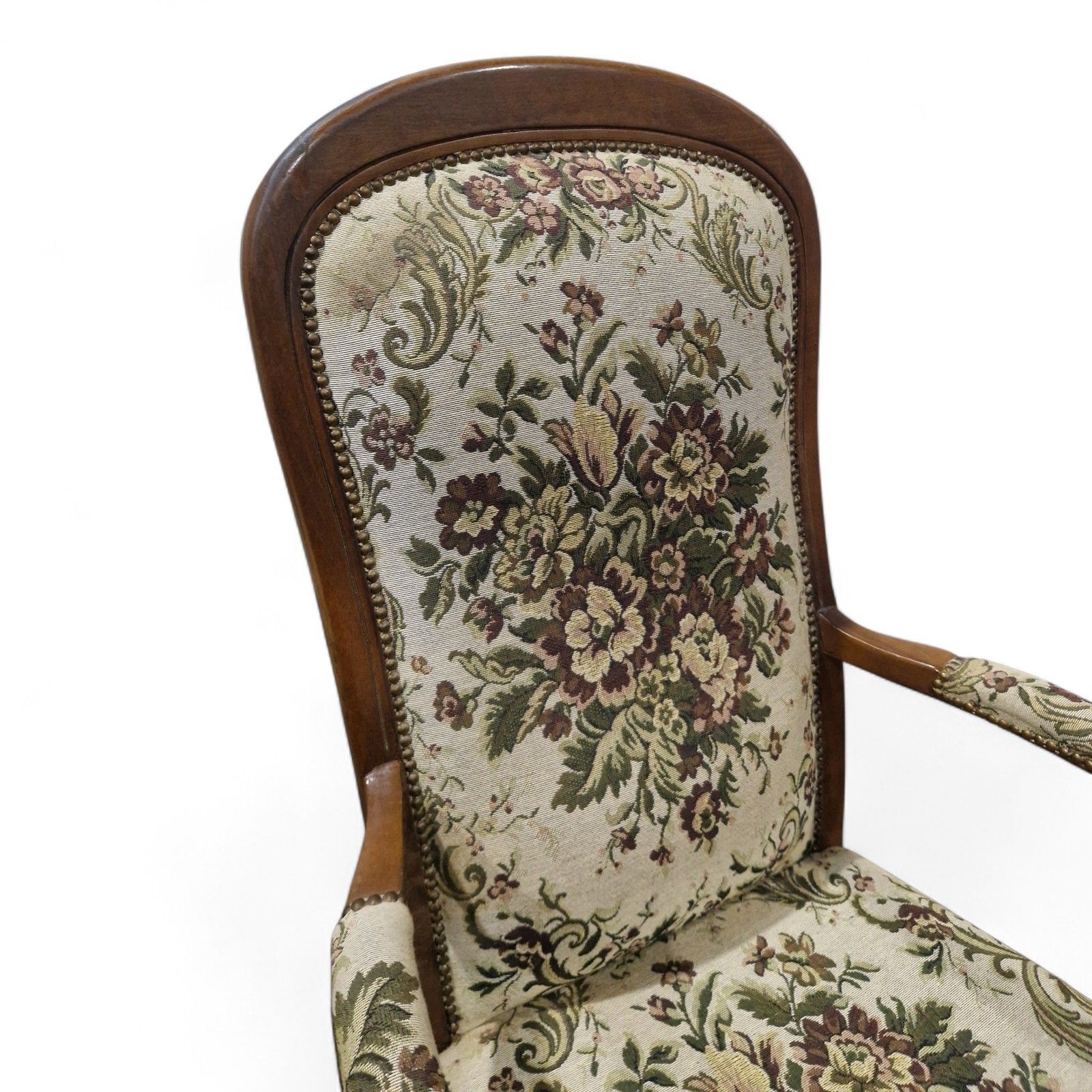 French Carved Armchair Antique Style Upholstered Floral Tapestry Accent Chair photo vinterior