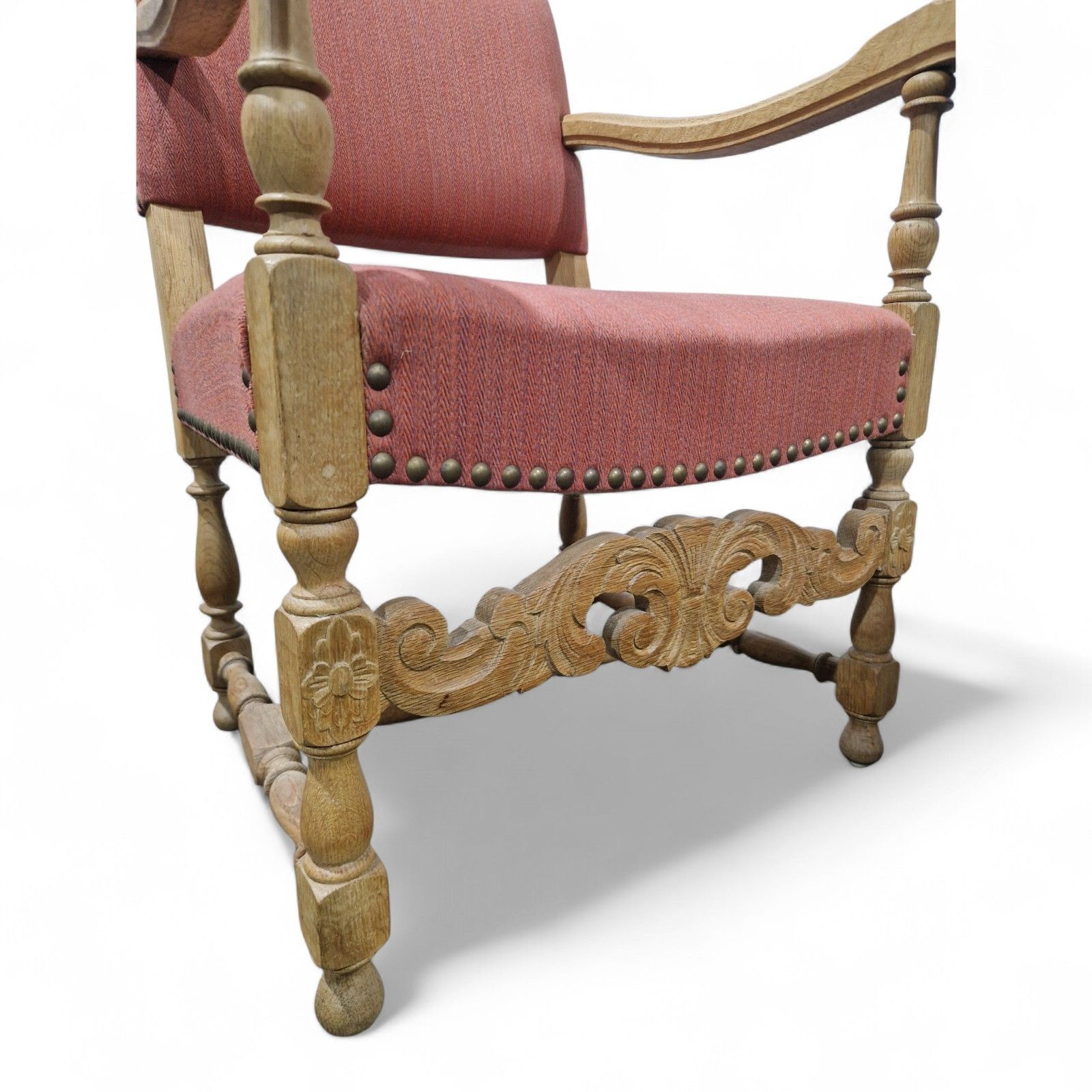 photo for sale French Carved Oak Armchair Antique Continental Upholstered Wooden Accent Chair