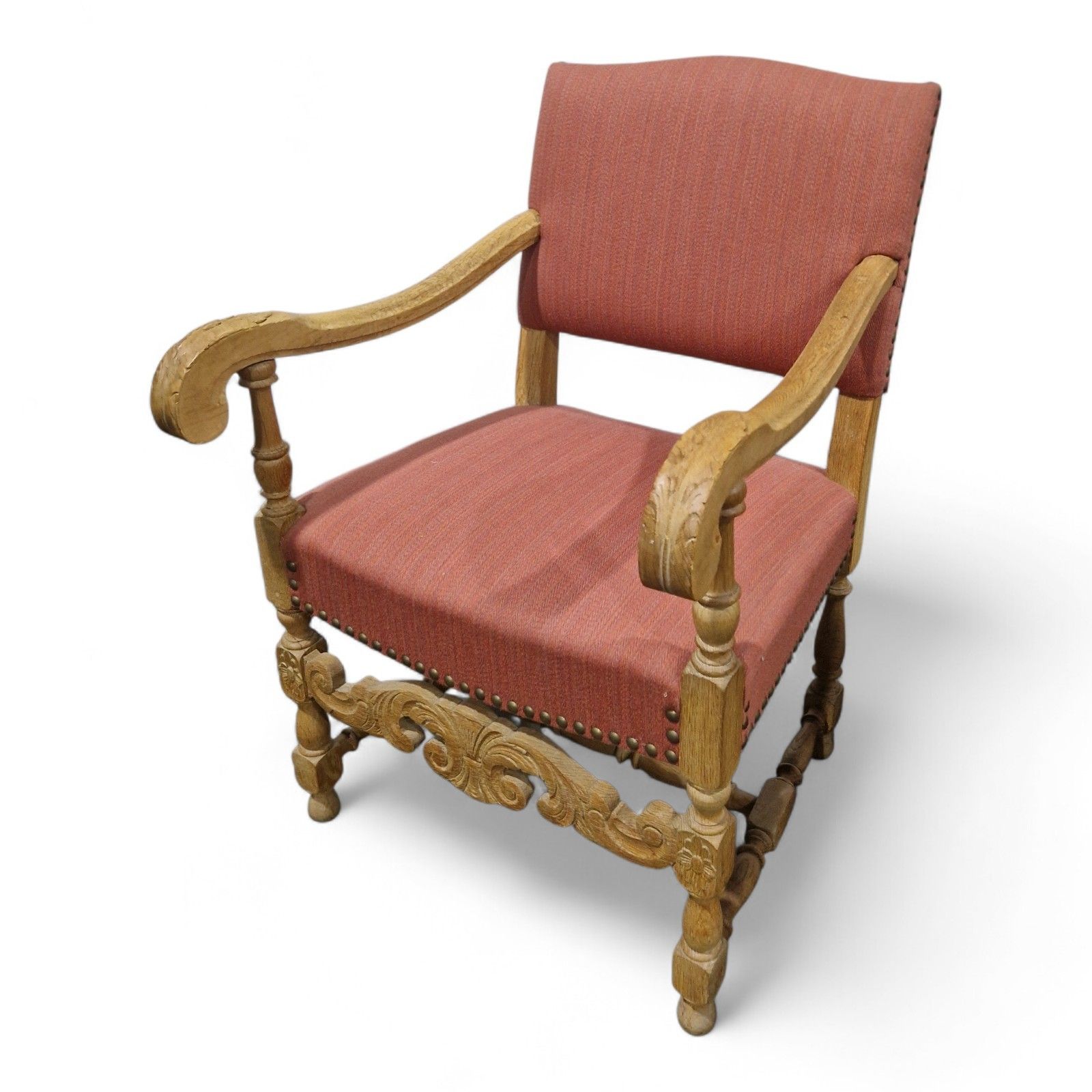 photo buy French Carved Oak Armchair Antique Continental Upholstered Wooden Accent Chair
