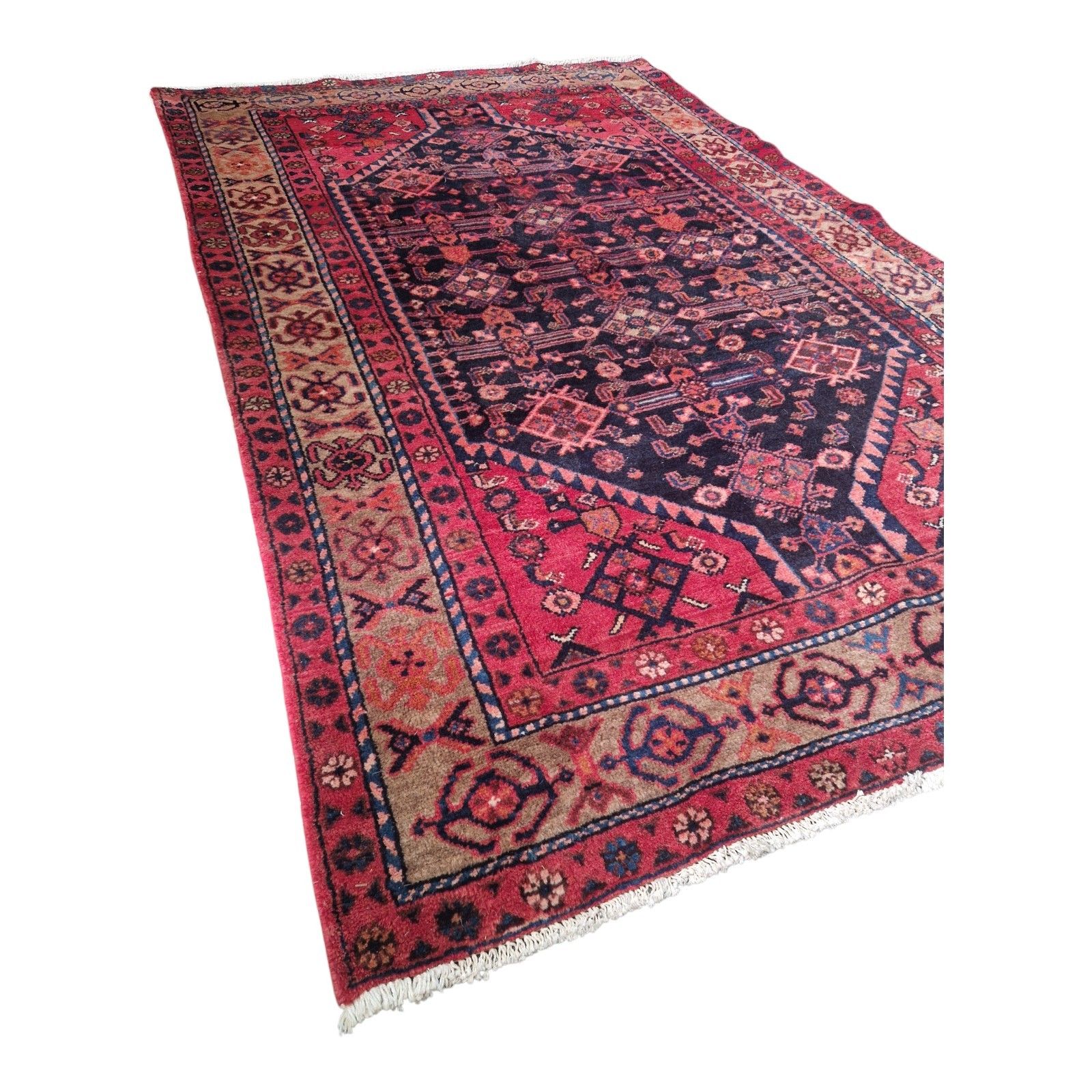 Antique Traditional Rug Red Pink Blue Geometric Carpet Thick Pile Decorative photo for sale