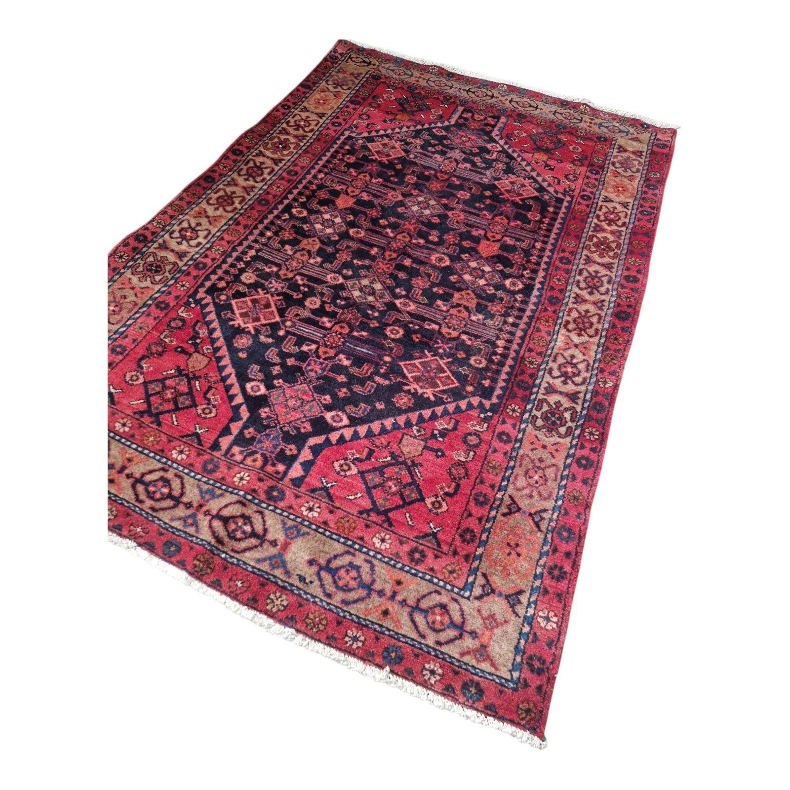 Antique Traditional Rug Red Pink Blue Geometric Carpet Thick Pile Decorative photo 195.0