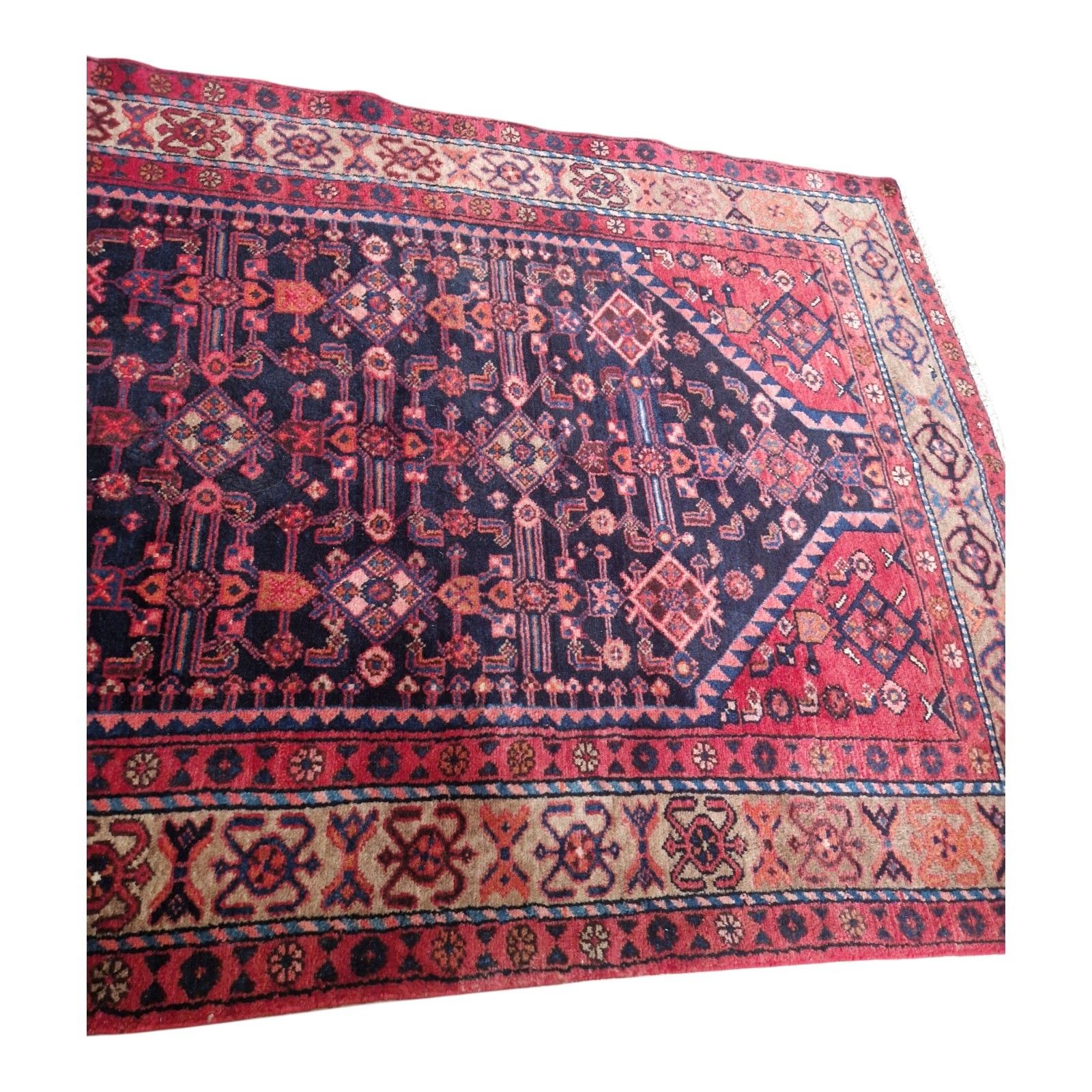 Antique Traditional Rug Red Pink Blue Geometric Carpet Thick Pile Decorative photo vintage