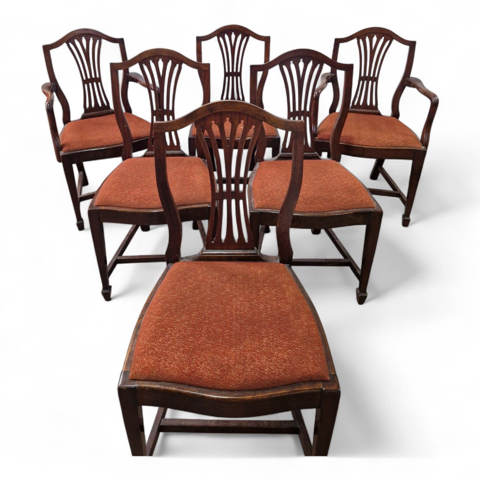 Hepplewhite Dining Chairs Set 6 Mahogany Shield Back Carvers Wood Antique Style