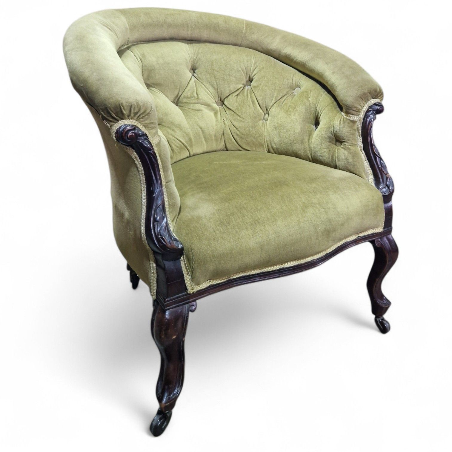 Antique Victorian Tub Chair Horseshoe Bow Back Buttoned Upholstered Armchair photo for sale
