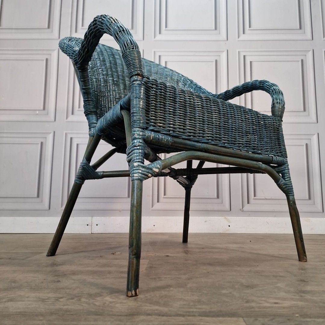 Vintage Wicker Armchair Blue Painted Rattan Cane Tub Chair Seat Retro Mcm photo for sale