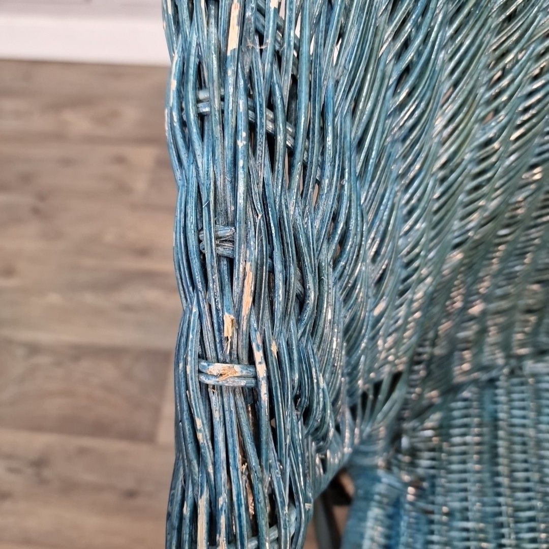Vintage Wicker Armchair Blue Painted Rattan Cane Tub Chair Seat Retro Mcm photo 75.0