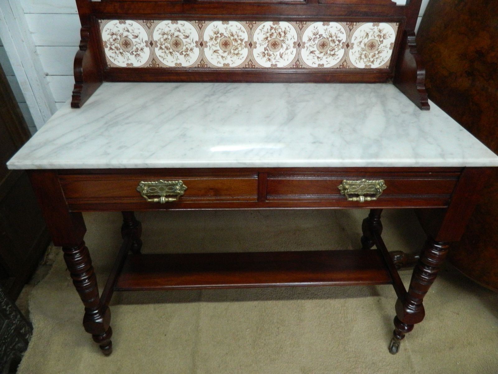 photo furniture Victorian Marble Wash Stand With Tiled Back Mirror & 2 Drawers Mahogany