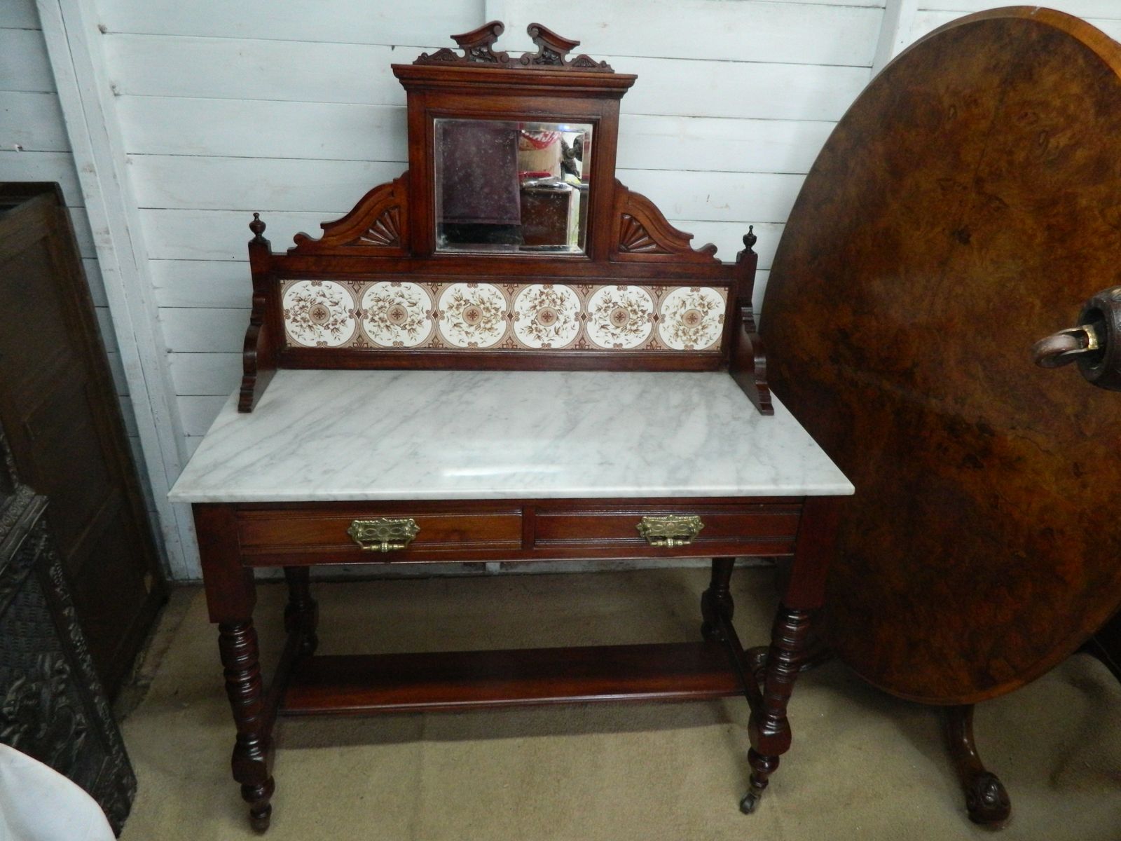 photo buy Victorian Marble Wash Stand With Tiled Back Mirror & 2 Drawers Mahogany