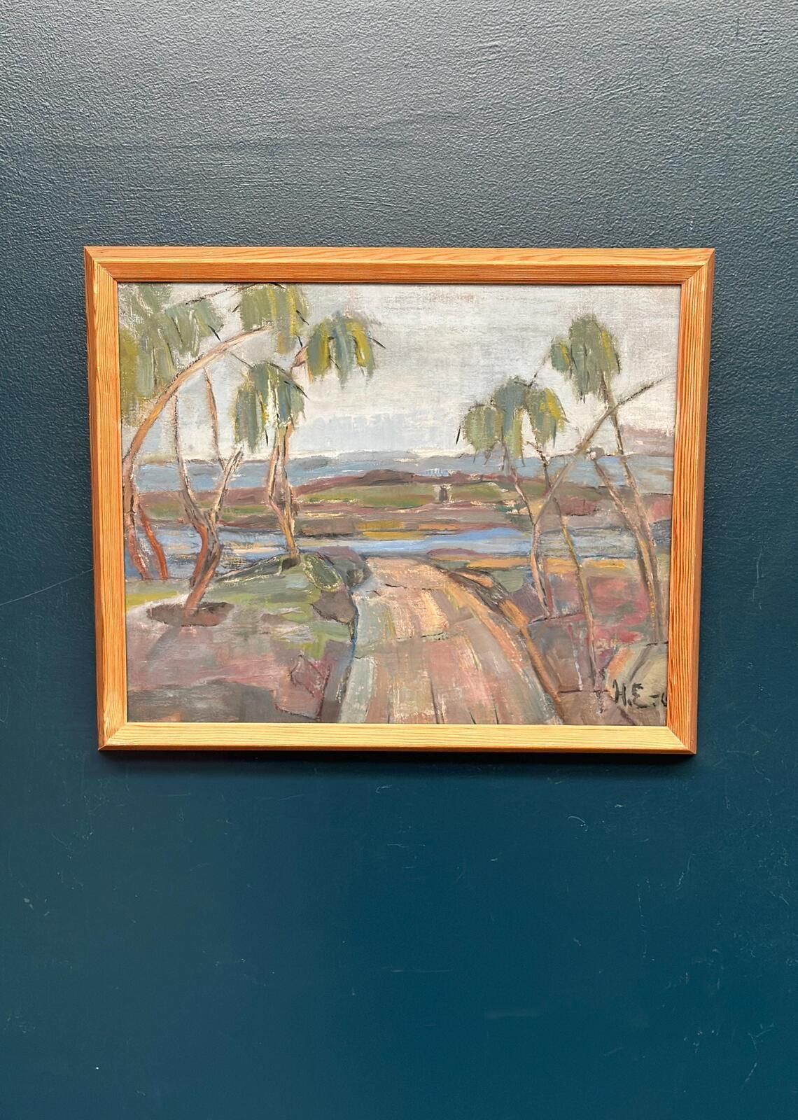 Original Mid Century Scandinavian Oil On Canvas – Path “H.E.” (1960) – Signed – Vintage & Framed – 52 × 43 Cm (20.5" × 16.9") photo Art