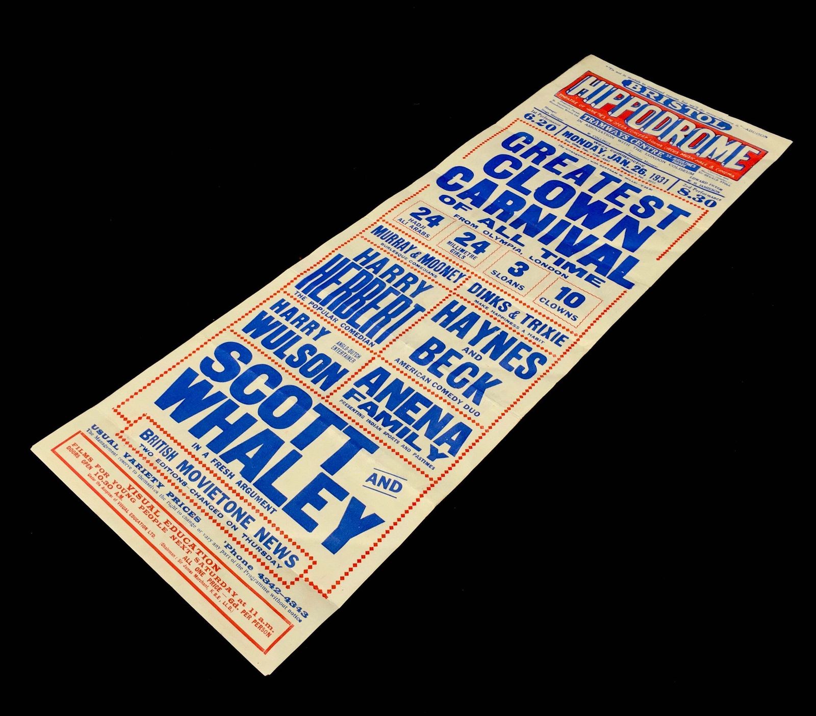 Antique Advertising Theatre Poster For Greatest Clown Carnival In Bristol C.1930