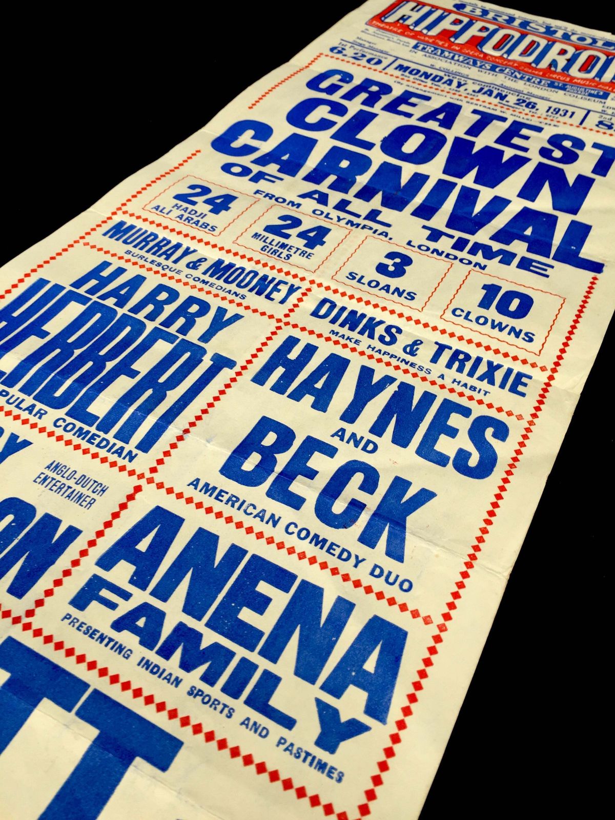 Antique Advertising Theatre Poster For Greatest Clown Carnival In Bristol C.1930 photo for sale