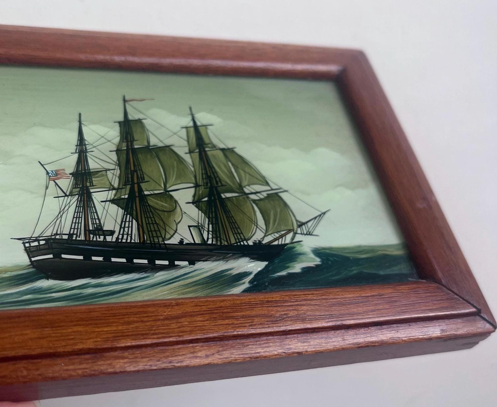 Vintage Reverse Glass Ship Painting Framed Nautical Wall Art Maritime Picture photo vinterior