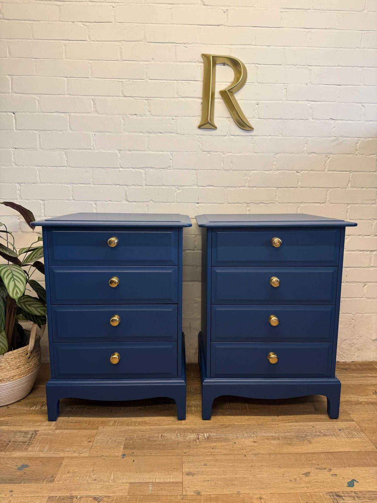 Stag Minstrel Bedside Chest Of Drawers – Painted In Symphony Blue – Polished Brass Knobs photo furniture
