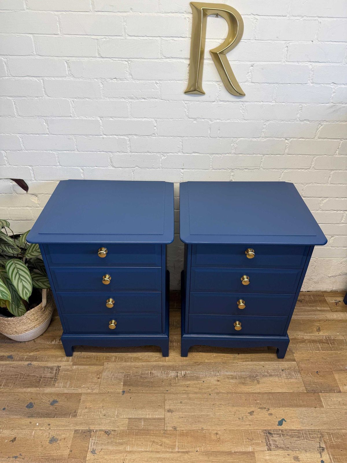 Stag Minstrel Bedside Chest Of Drawers – Painted In Symphony Blue – Polished Brass Knobs photo Furniture