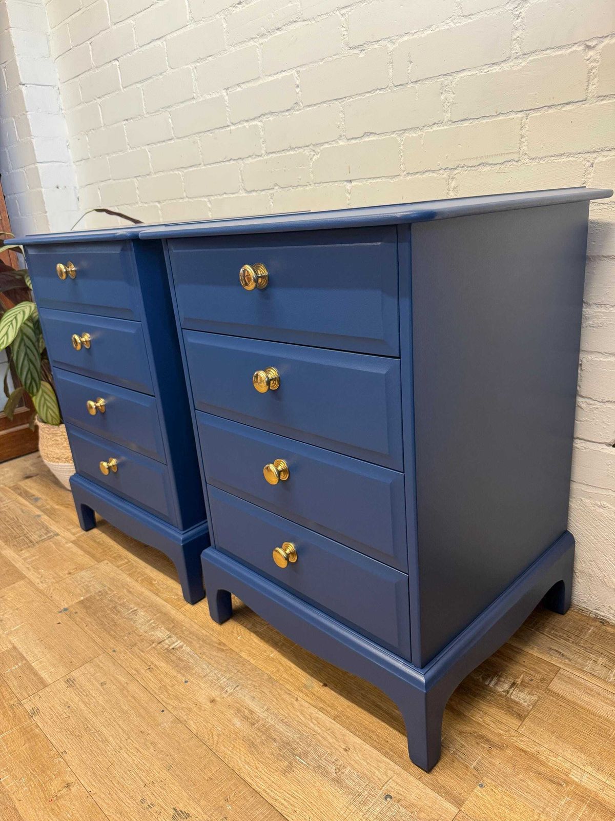 Stag Minstrel Bedside Chest Of Drawers – Painted In Symphony Blue – Polished Brass Knobs photo 645.0